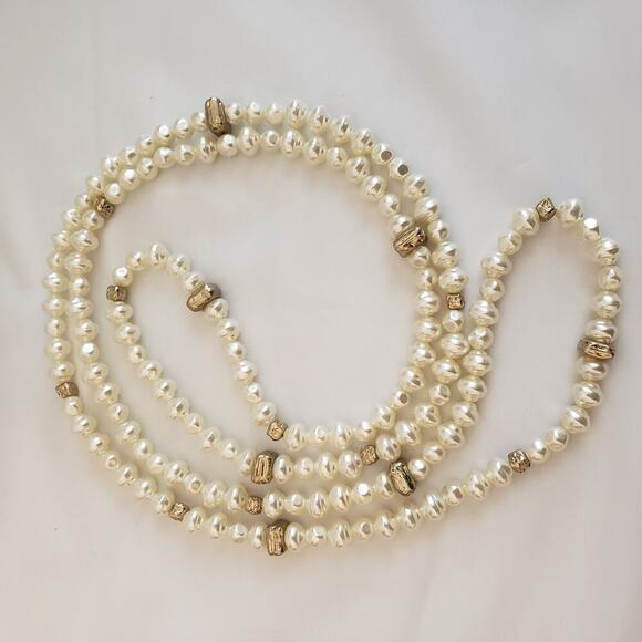 Long Strand Baroque Pearls with Gold Colored Nuggets- 54 Inches - Picture 3 of 6